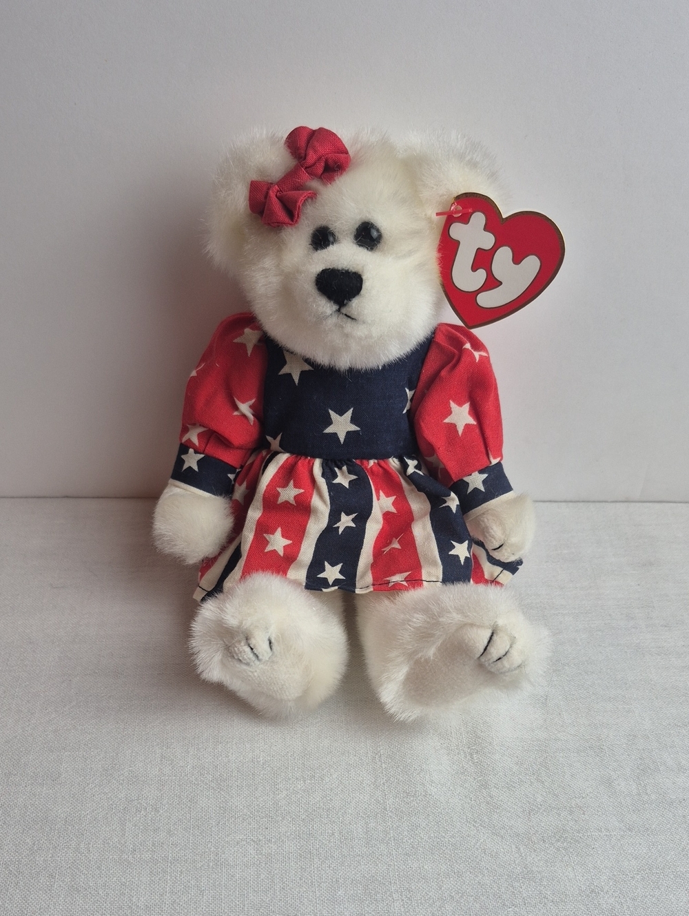 Ty Attic Treasures "Franny" White Bear in Red & Blue Star Dress